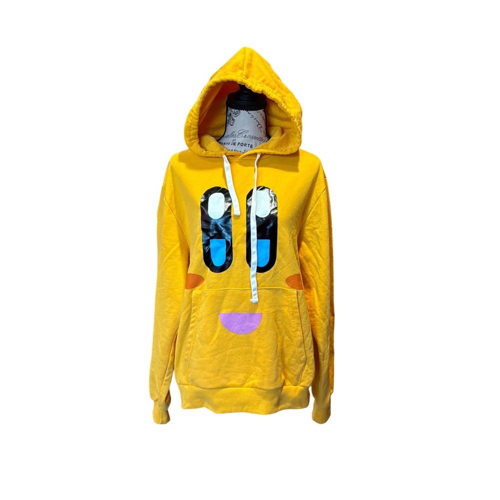 Forever 21 Men Yellow Graphic Face Hoodie Gamer Streetwear Sweatshirt Medium